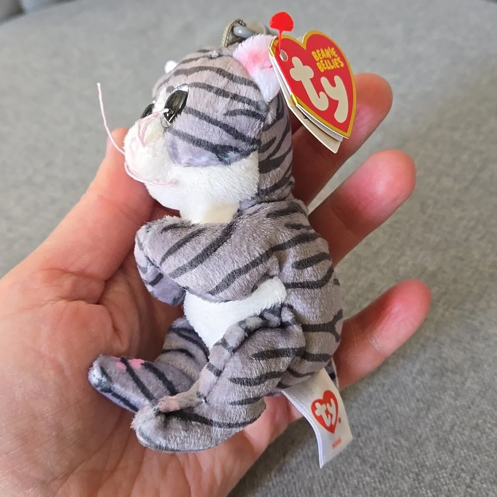 Ty Gray & White Striped Cat Plush Key Clip Kwychain, NWT